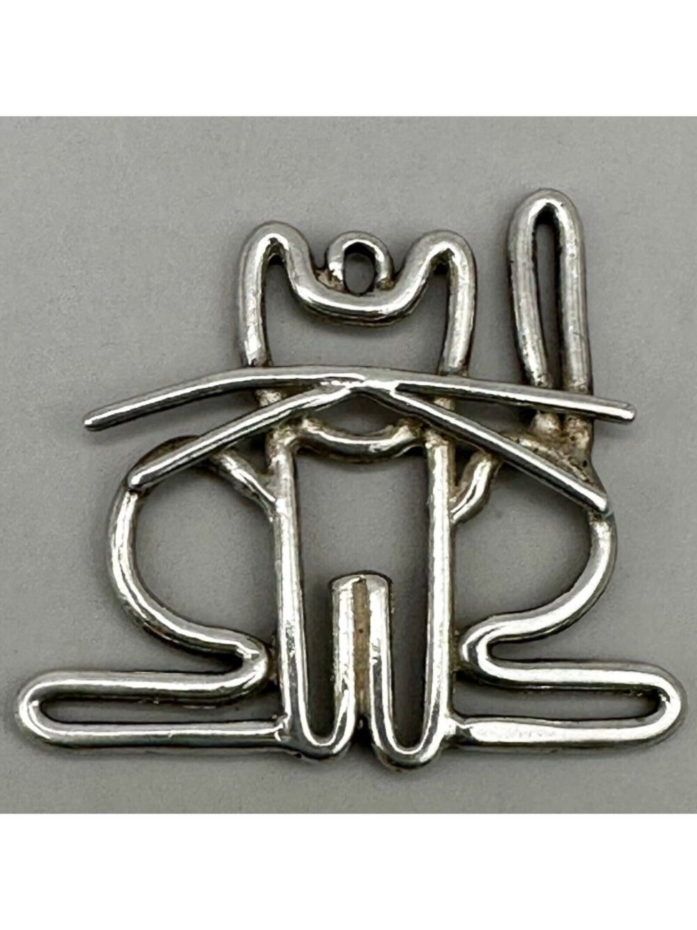 Wire Minimalist Whimsical Cat Pendant Abstract Design Signed Sterling Silver KC?